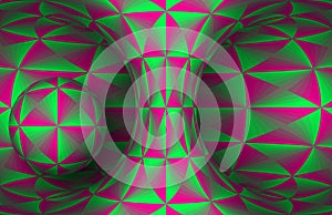 Pink green polygonal hyperboloid and sphere. Vector abstract illustration