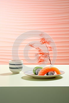 Pink green set japan eat traditional plate meal japanese seafood sushi roll food