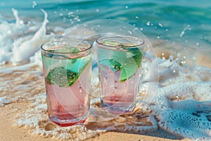 pink and green summer drinks with drops on the ocean beach