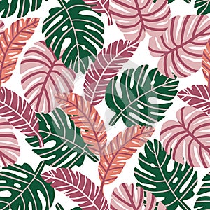 Pink and Green Tropical Jungle Leaves Seamless Pattern Background