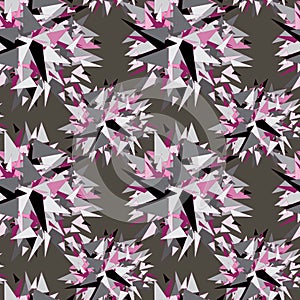 Pink, grey and black color triangles seamless pattern. Vector illustration on grey background