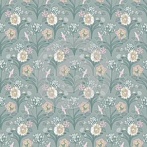 Pink grey blooming mediterranean flower bouquet autumn floral seamless vector pattern for fabric, wallpaper, scrapbooking,