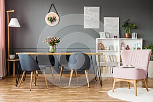 Pink and grey dining room