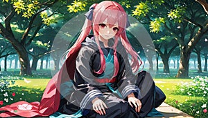 Pink hair anime girl sitting on road with forest in the background
