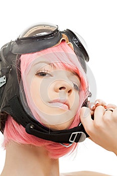 Pink hair girl in aviator helmet