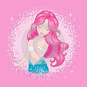 Pink hair mermaid on a pink background. Cute Mermaid in glitter frame, for t shirts or kids fashion artworks, children books. photo