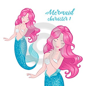 Pink hair mermaid. Cute Mermaid with jellyfish , for t shirts or kids fashion artworks, children books. Fashion illustration