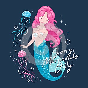 Pink hair mermaid on a dark background. Cute Mermaid with jellyfish , for t shirts or kids fashion artworks, children books.