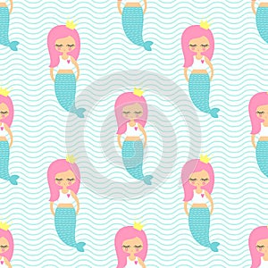 Pink hair mermaid girl seamless pattern on mint green waves background.