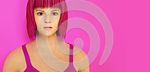 Pink hair woman blunt haircut 3D illustration