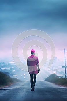 pink haired teen boy walking towards the city. k-pop culture style. photo