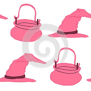 Pink Halloween pattern on white. Witch cauldron, witch hat. Wizard pattern