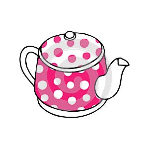 Pink hand drawing illustration of a metal or clay kettle with polka dot pattern and hot water for tea isolated on a white