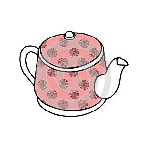 Pink hand drawing illustration of a metal kettle with circle pattern and hot water for tea or coffee isolated on a white