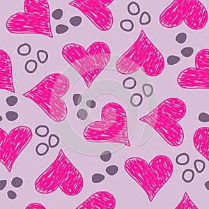Pink hand drawn hearts, vector seamless pattern.