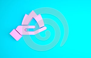 Pink Hand holding a fire icon isolated on blue background. Insurance concept. Security, safety, protection, protect