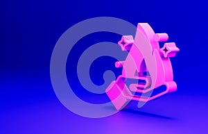 Pink Hand holding a fire icon isolated on blue background. Minimalism concept. 3D render illustration