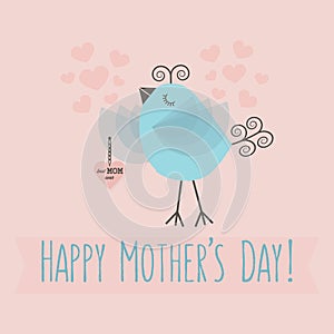 Pink Happy Mother`s Day card with blue bird