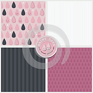 Pink happy raindrops lovely spring summer autumn seamless vector pattern set