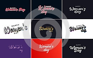 Pink Happy Women\'s Day typographical design elements set for greeting cards