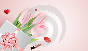 Pink Happy Womens Day Holiday Congratulation Background with Tulips and gift box. Vector Illustration