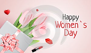 Pink Happy Womens Day Holiday Congratulation Background with Tulips. Vector Illustration