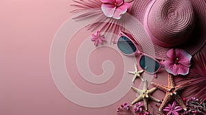 Pink Hat, Sunglasses, Starfish, Flowers on Pink Background