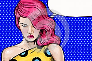Pink head angry girl in Pop Art style.Pop Art girl.Advertising poster. Comic woman. seriously girl.