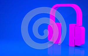 Pink Headphones icon isolated on blue background. Support customer service, hotline, call center, faq, maintenance