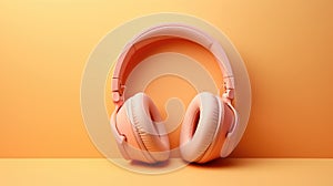 Pink headphones on orange background. Music concept. Peach Fuzz color