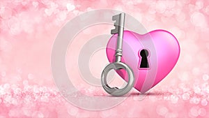 Pink heart with access key concept on glamour bright bokeh background.