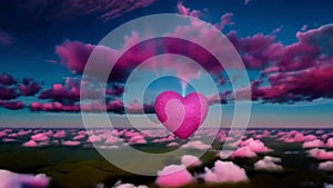 Pink heart against a sky of pink clouds. The heart as a symbol of affection and love