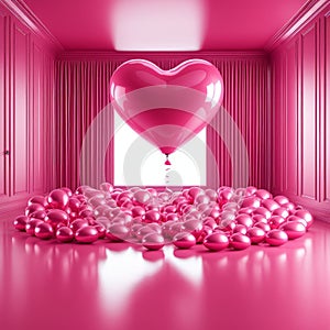 Pink Heart balloon levitated, floating in pink room, love surprise valentine gift