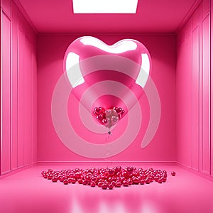 Pink Heart balloon levitated, floating in pink room, love surprise valentine gift