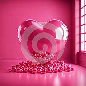 Pink Heart balloon levitated, floating in pink room, love surprise valentine gift