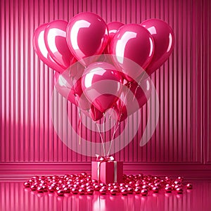 Pink Heart balloon levitated, floating in pink room, love surprise valentine gift