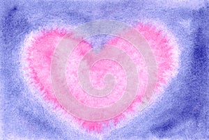 Pink heart on a blue background. Watercolor wet texture. Romantic purple illustration. Abstract art hand paint