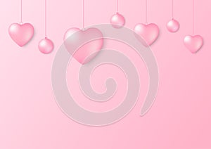 Pink heart and circle shape balloons hang on top on pink background