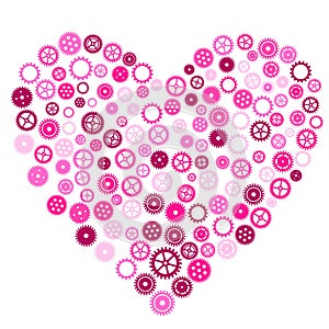 Pink heart of cogwheels gears. Mechanical silhouette of human heart