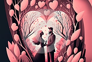 Pink heart with couple standing romantic feeling