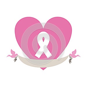 pink heart emblem with symbol breast cancer and pigeons with label