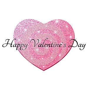 Pink heart from glitters isolated on white background. Black text. Happy Valentines Day. Luxury heart. Graphic element for your de