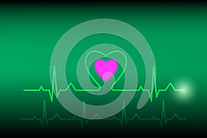 Pink heart and green pulse line isolated Background. vector illustration. health care concept.