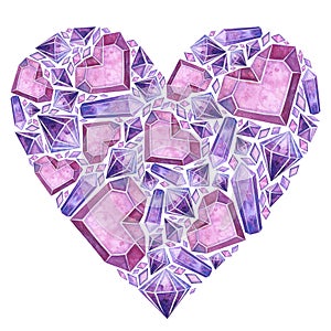 Pink Heart with Ice crystals, gemstones. Jewelry, watercolor hand drawn illustration