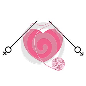 Pink heart and knitting needles with gender symbol isolated on white background. Concept of relations between men and women.