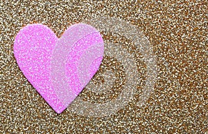 Pink Heart over Gold Glitter background. Valentines Day Card