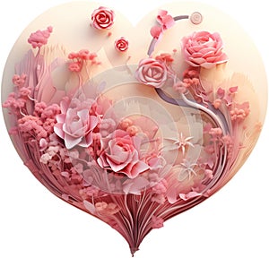 Pink Heart with Pink Roses and Branches, Generative AI