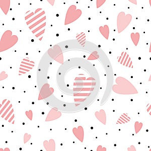 Pink heart seamless pink pattern heart ornament decorated black polka dot ornament love background Valentines day print