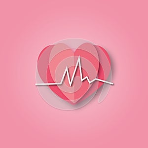 Pink heart shape with heartbeat wave symbol on pink background. Heart pulse for medical concept.