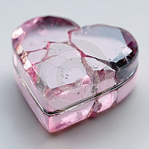 A pink heart shaped box with broken glass on a white surface